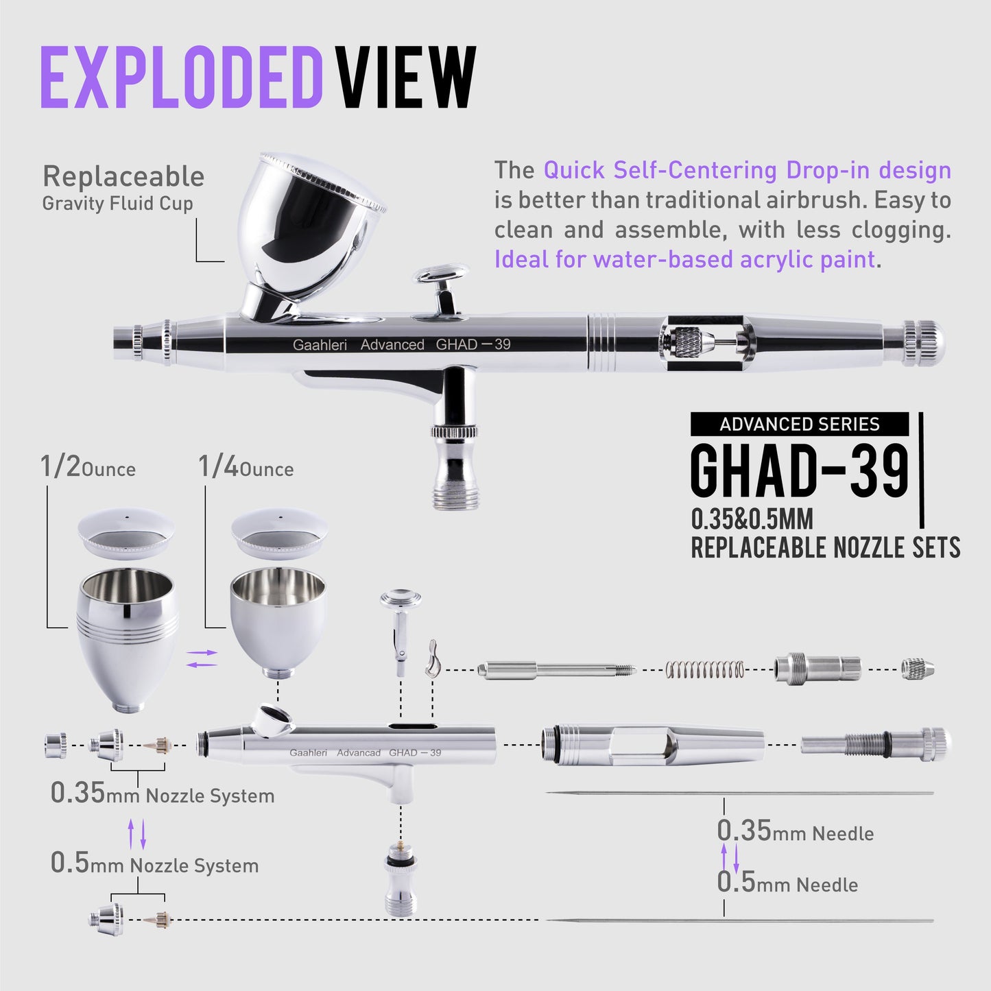 Gaahleri Advanced Series – GHAD-39 Gravity Feed Double Action Airbrush (0.35mm & 0.5mm)