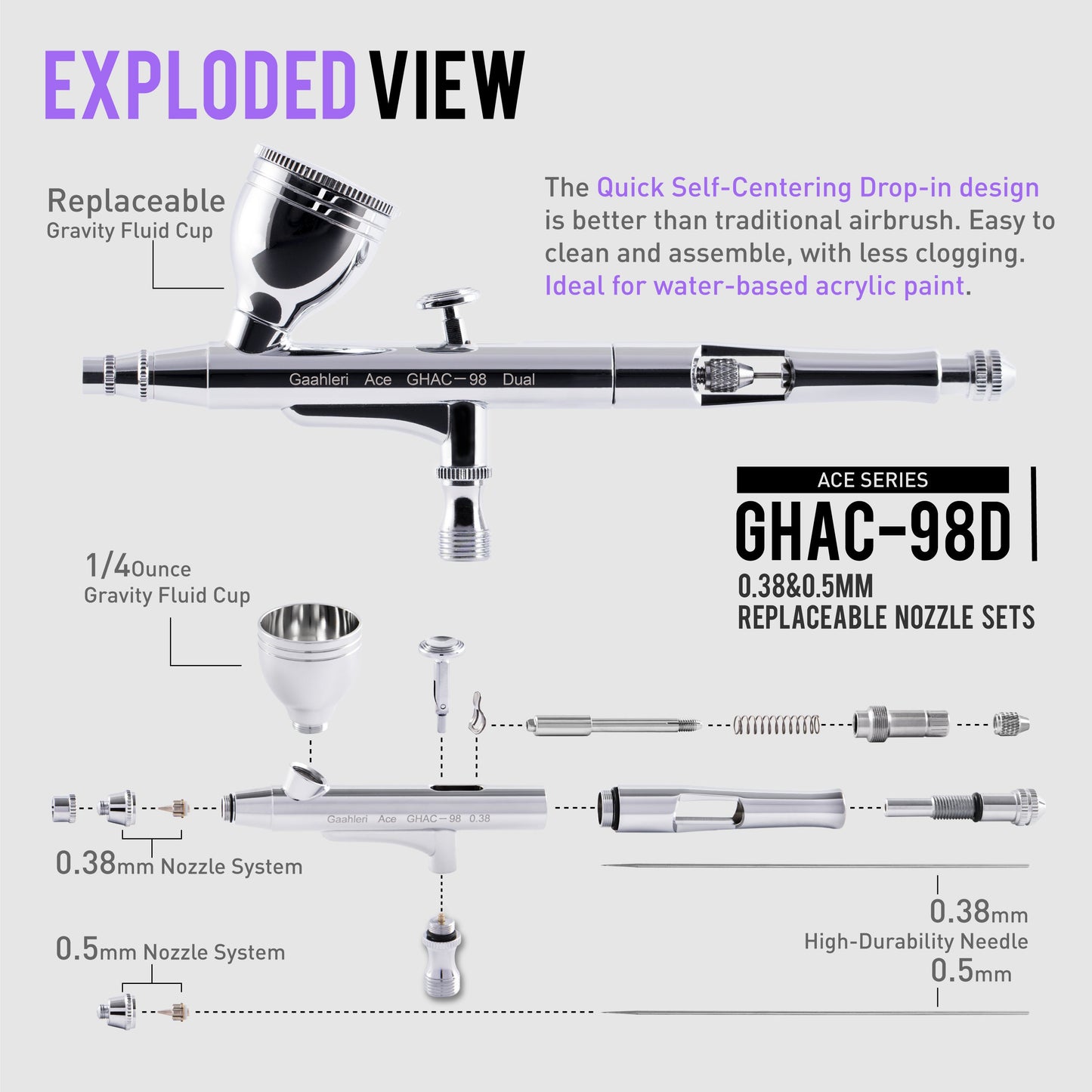 Gaahleri Ace Series – GHAC-98D Gravity Feed Double Action Airbrush (0.38mm & 0.5mm)