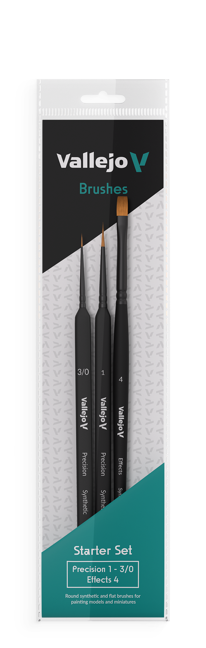 B03990 Vallejo Precision Brushes - Starter Set (ROUND 1, 3/0 TRIANGULAR HANDLE, FLAT 4)