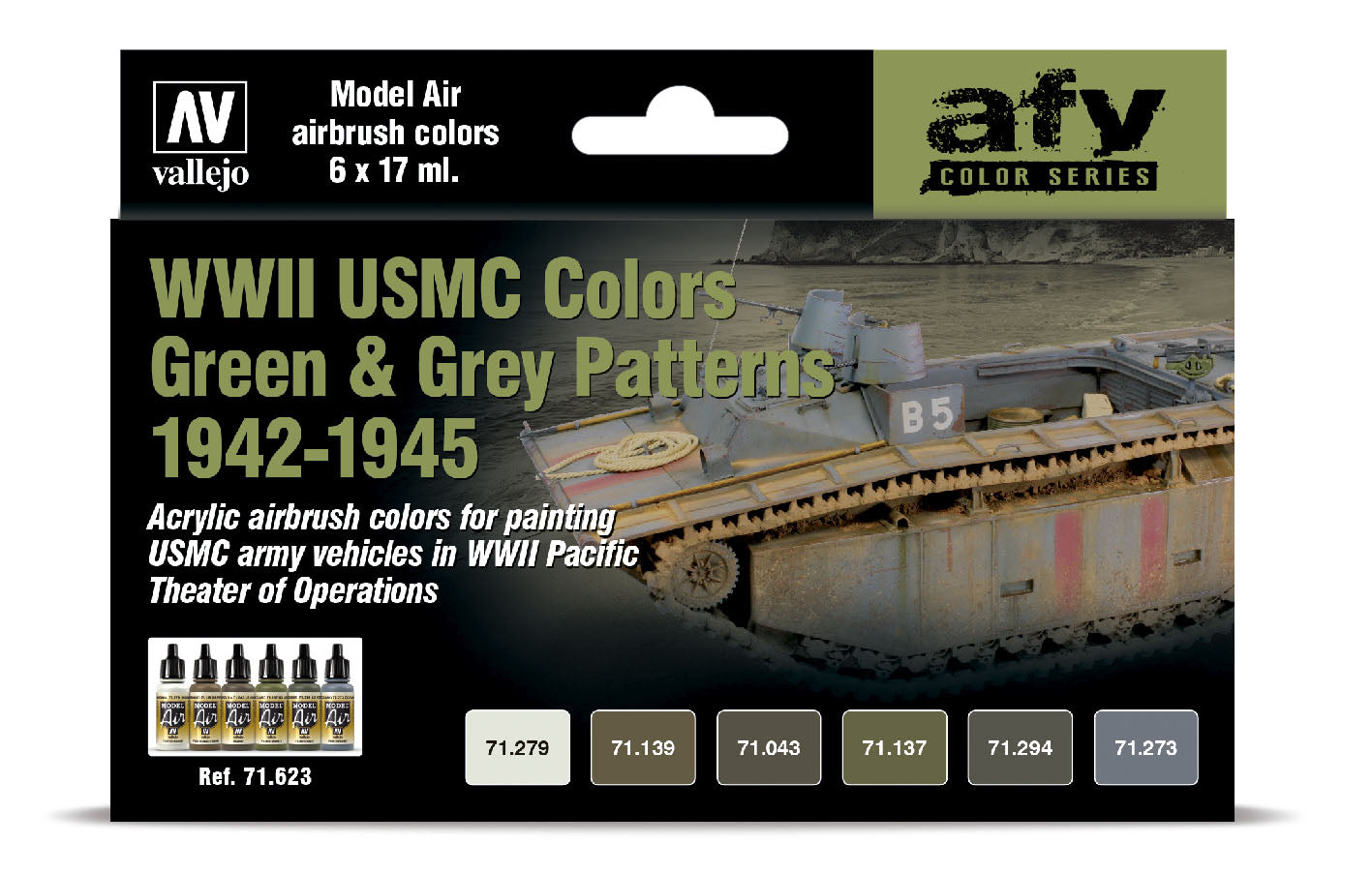 71.623 Vallejo Model Air Set - AFV Colour Series - 71623 WWII USMC Colors Green & Grey Patterns 1942-1945