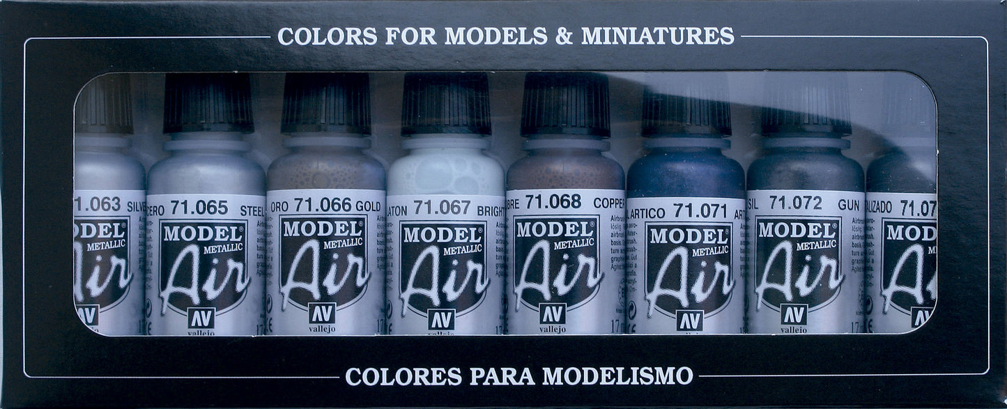 Vallejo Model Air Paint Set 71176 Metallic Colors 8 Bottles 17ml Miniatures  for sale online