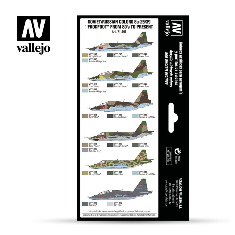 71.603 Vallejo Model Air Set - Soviet/Russian colors Su-25/39 “Frogfoot” from 80’s to present 71603